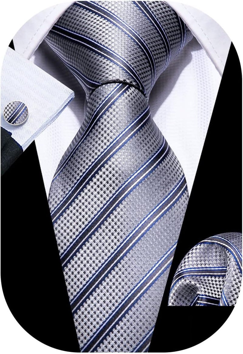 Barry.Wang Store Tie Sets for Men Silk Stripe Necktie Woven Checkered Handkerchief Cufflinks Formal Business Wedding - Image 1
